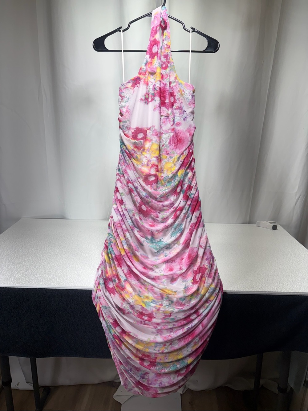 Steve Madden Pink Floral Halter Ruched Midi Dress 4466